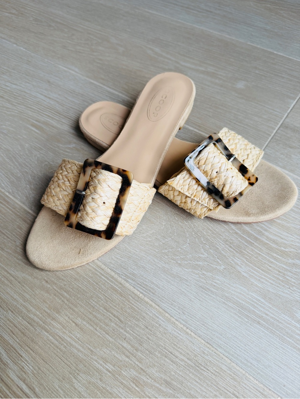Woven Slide Sandals with Tortoiseshell Buckle - Neutral